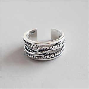 Argent Véritable Sier Bijoux 925 Sterling Mtilayer Wrap Twist Vintage Anneau Ouvert Pour Femmes Hommes Rétro Déclaration Réglable Drop Delivery Dh4Yp