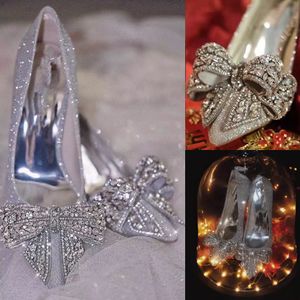 Silver Glitter Rhinestones Wedding Heel met bowknot feestschoenen gericht teen voor prom avond gelegenheid kristallen bruidspomp dame formele jurk stiletto hak