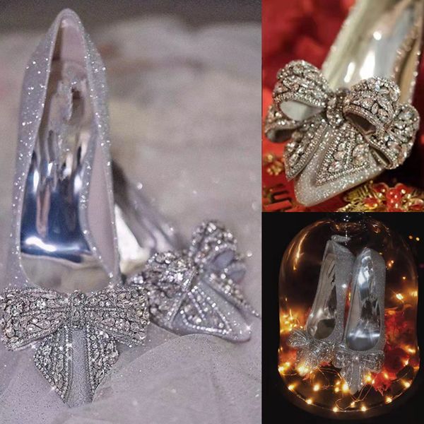 Silver Glitter Rhinaistones Talons de mariage avec des chaussures de fête à bowknot pointues pour le bal de soirée Cristaux Pumps nuptiale Dame Robe formelle Stiletto Talon