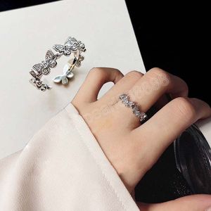 Argent or couleur cristal papillon anneau insecte ouvert réglable strass bagues pour femmes filles mariage bijoux cadeau