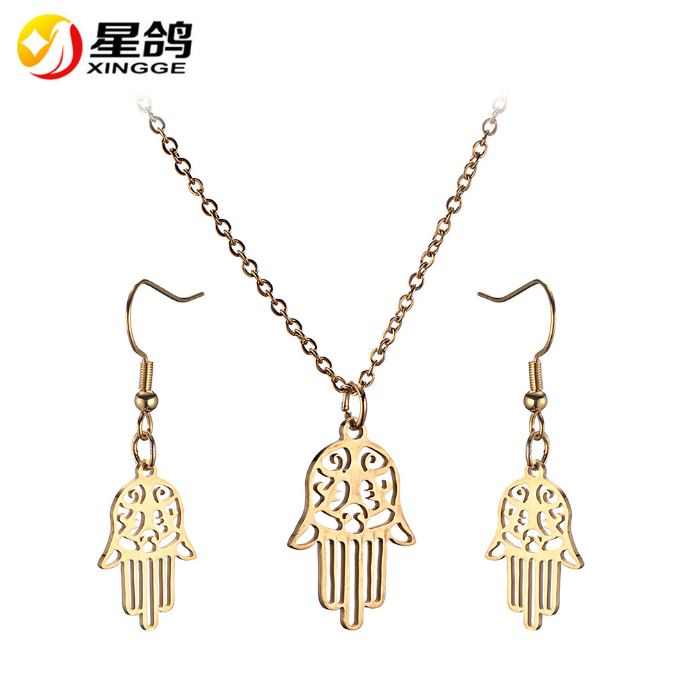 Silver/gold color Hamsa Hand Stainless Steel Jewelry Set for Women Fashion Luck jewelry Necklace Earrings Set