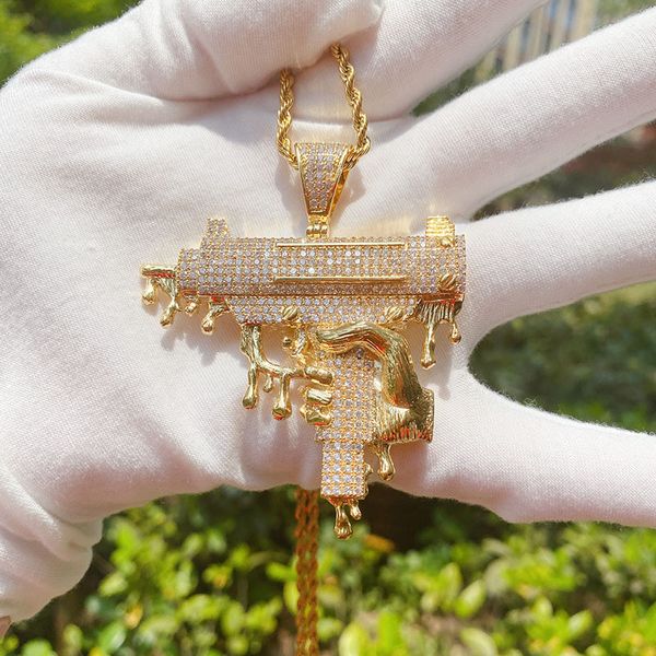 Pistola de oro y plata, collares con colgante de circonia cúbica completa, cadena trenzada, rapero, joyería de Hip Hop para hombre, collar Miami Hiphop ALIN0010