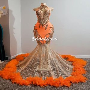 Robes de bal orange de luxe pour filles noires 2022 Sparkle Sequin robe de soirée Fond de la plume ASO EBI Robes de fête Africaine Robe de Soirée Mariage Vestios