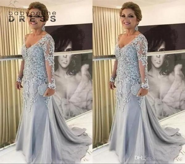 Robe mère de la mariée sirène gris argenté, grande taille, col en V, manches longues, appliques en dentelle, perles en tulle, balayage train, soirée G2850934