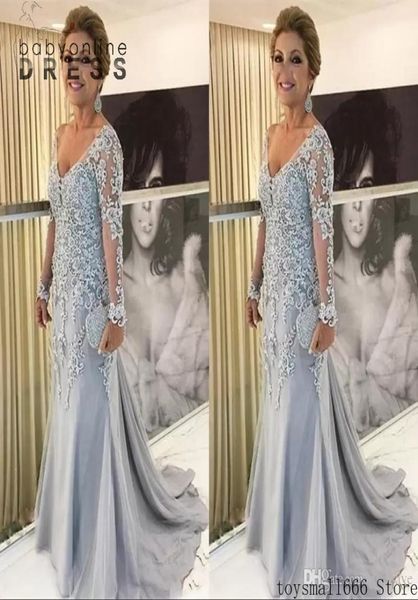 Robe mère de la mariée sirène gris argenté, grande taille, col en V, manches longues, appliques en dentelle, perles en tulle, balayage train, soirée G9176646