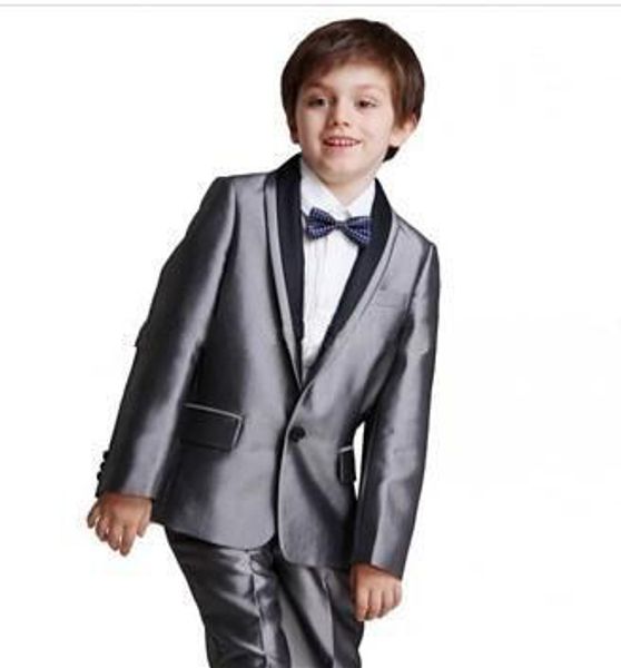 Costume gris argenté à revers châle pour garçons, deux pièces (Blazer + pantalon), vêtements de cérémonie, Tuxedos pour enfants, costumes de fête de mariage