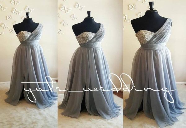 Vestidos de dama de honor de un hombro en gris plateado, gasa plisada con cuentas de cristal, longitud hasta el suelo, vestidos de invitados de boda morados fluidos Maid Of3564004