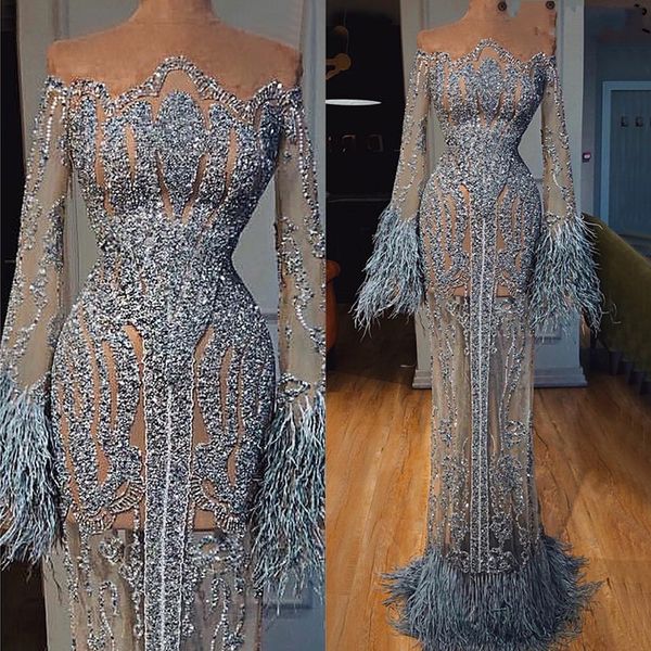 Argent gris voir à travers la robe de bal pure cou manches longues dentelle appliques perles plumes robes de soirée cocktail robe de soirée sur mesure