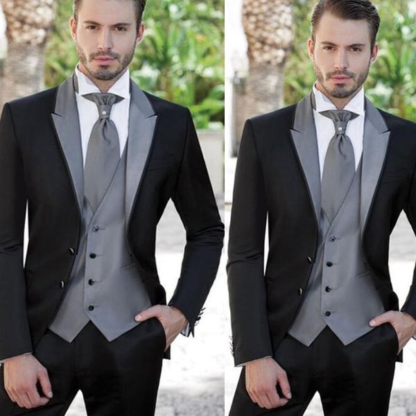 Tuxedos de mariage gris argenté beau revers pointu hommes pantalons costumes formel Slim Fit deux boutons marié porter (veste + gilet + pantalon)