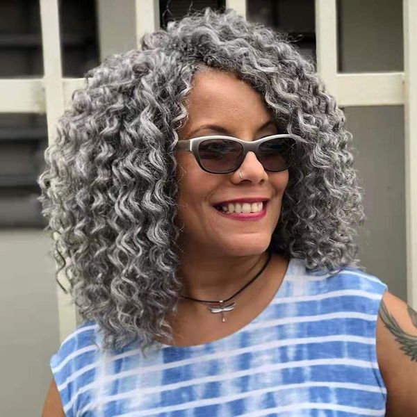 Gris plateado 2021 trenzas de ganchillo extensiones de cola de caballo de cabello remy brasileño rizado postizo gris africano cola de caballo humano real suavemente 120g