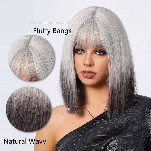 Silver Grey Blonde to Black Brown Ombre Hair synthétique Synthétique Cost Cosplay Wig avec frange Perruque de Noël quotidienne Natural Look