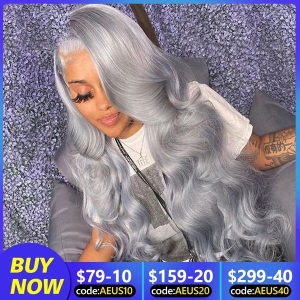 Perruque Lace Front Wig Body Wave grise argentée, cheveux naturels brésiliens transparents, colorés, 13x4 13x6, pour femmes