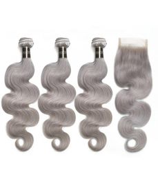 Faisceaux de cheveux vierges brésiliens gris argenté avec fermeture en dentelle 8A Extensions de cheveux humains gris vague de corps ondulé avec fermeture en dentelle4336097