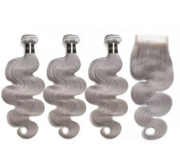 Faisceaux de cheveux vierges brésiliens gris argenté avec fermeture en dentelle 8A Extensions de cheveux humains gris vague de corps ondulé avec fermeture en dentelle2575940