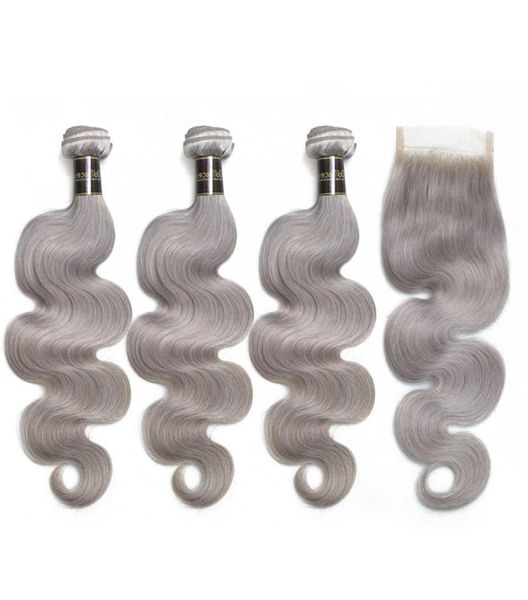 Faisceaux de cheveux vierges brésiliens gris argenté avec fermeture en dentelle 8A Extensions de cheveux humains gris vague de corps ondulé avec fermeture en dentelle4336097