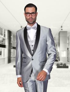 Gris plateado Novio Esmoquin Chal Solapa Padrinos de boda Vestido de novia para hombre Excelente chaqueta de hombre Blazer Traje de 3 piezas (chaqueta + pantalones + chaleco + corbata) 88