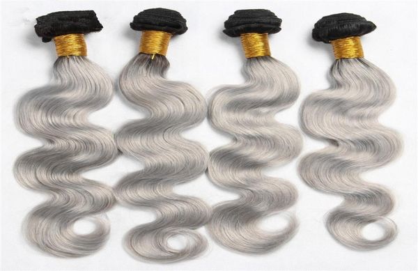 Extensiones de cabello ondulado indio gris plateado Ombre 1B Gris Dos tonos Paquetes de cabello Ombre 4 piezas / lote Cabello ondulado corporal Weave3494536