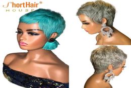 Silver Grey Pixie Coupe courte Bob Wig 100 Pernes à cheveux humains pour femmes bijoux Blue Wavy Wigs Full Machine Maidlesless13389842929220