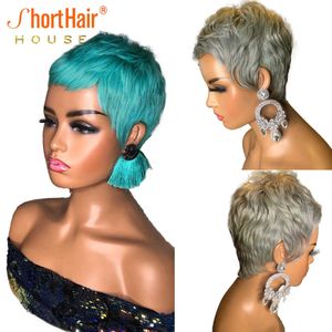 Argent gris Pixie coupe courte Bob perruque 100% perruques de cheveux humains pour les femmes bijoux bleu vague ondulé perruques pleine Machine pas de dentelle avant perruques S0826