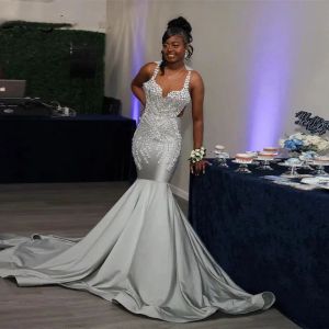 Silver Gray Prom -jurken Mermaid riemen luxe kralen vloerlengte op maat gemaakte taille gemaakte ruches avondfeestjurken Vestidos