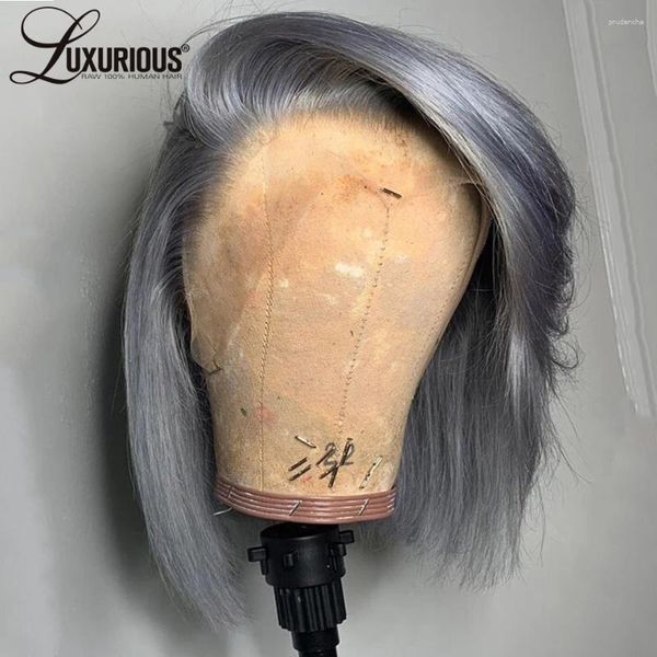 Silver Grey Short Bob Wigs Lace Front Human Hair for Women Transparent 613 Blonde frontale Brésilien Remy