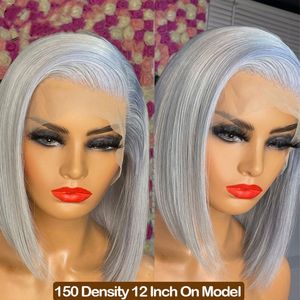 Silver Grey Short Human Hair Wigs for Womenless Bob 13x4 Transparent Lace Frontal Wig Straitement Brésilien Wig en gros