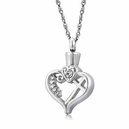 Corazón de plata Cremación cruzada Joyas Recuerdo Memorial Urna Collar Cenizas Colgante