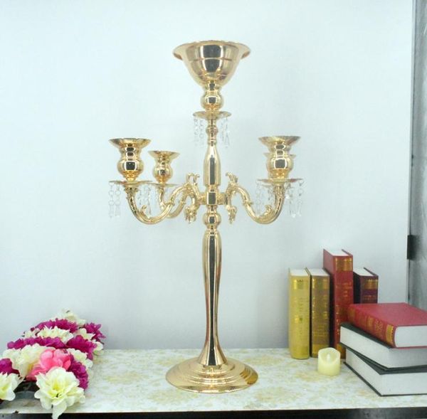 Plata Altura 76 cm oro 5 cabezas Candelabro de cristal, candelabro, pieza central de la boda, cuenco de flores Candelabro con colgantes SN1283