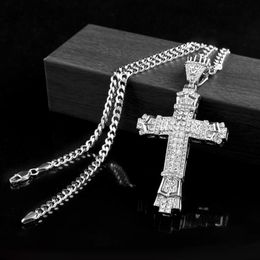 Серебряный подвесной крест в стиле хип-хоп с подвеской Full Ice Out CZ с искусственными бриллиантами, католическое распятие, христианское ожерелье с длинной подвеской Cuban221S