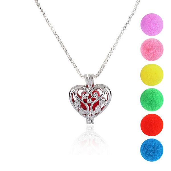 Medallón de amor de corazón hueco de plata con 6 uds pompones bola difusor de aceite esencial collar colgantes joyería de Perfume