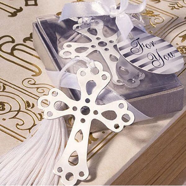 Silver Hollow Out Cross Metal Bookmark avec Silk White Silk Baptême présente le mariage Favors Gift ZA4413