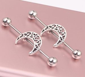 Piercing d'haltère industriel en argent, boucle d'oreille étoile de lune, bijoux d'oreille en gros, barre tragus Helix, bouchon d'oreille civière 3247324