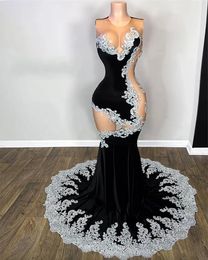 Apliques de encaje plateado Vestidos de fiesta de sirena de terciopelo negro 2024 Top de malla transparente de lujo con cuello en O Vestido de cumpleaños sexy Vestidos de niña negros Vestidos de noche