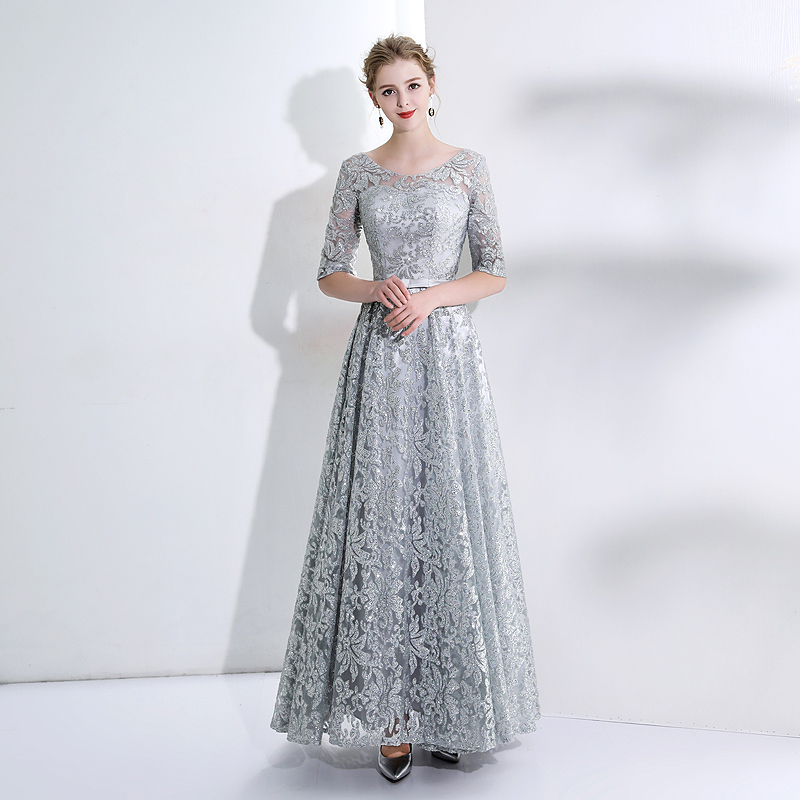 Gümüş Dantel Nakış Uzun Abiye Yarım Kollu Elbiseler ile 2019 Bling Gelinlik Modelleri Kat Uzunluk Parti Abiye