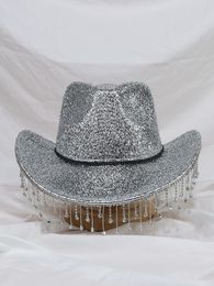Silver Lady Western Cowboy Hat Rhingestone Tassel Party Chapeau élégant Duffle Soft Duffle Brim Shade Outdoor Casual 240425