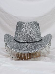 Silver Lady Western Cowboy Hat Rhinestone Tassel Party Hat Stijlvolle zachte duffel hoed Wide Brim Shade Outdoor Casual 240527