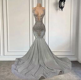 Silver Long Prom Dress Sexy Mermaid ajustado de cuello transparente de lujo Diamante Diamante Negro Negocios Vestidos Formal Gowns Vestidos Feast Robe de Soiree