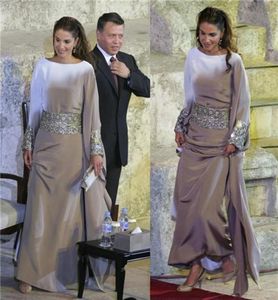 Zilveren lange mouwen moslimavondjurken met kristallen sjerp Arabische porm jurk islamitische Abaya Marokkaanse Dubai kaftan formeel avond9152426