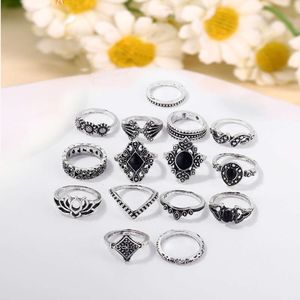 Zilveren lotus oude holle gewricht met diamanten waterolie druppels stuk ring set