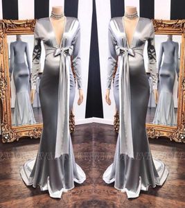 Zilveren kraamcocktailparty jurken sexy diep v nek lange mouw zeemeermin avondjurken bruidsontvangsel draagt bc95823242514