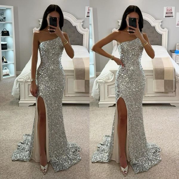 Vestido de fiesta de sirena plateado con un hombro y lentejuelas brillantes, vestido de noche elegante con pliegues, vestido de fiesta largo formal para ocasiones especiales