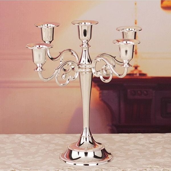 Candelabro de metal plateado, candelabro de 5 brazos, candelabro para evento de boda de 27cm de altura, 283K
