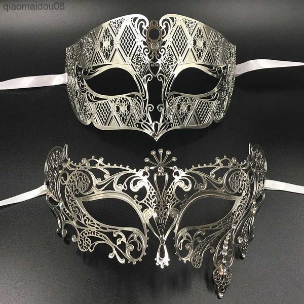 Argent Métal Filigrane Hommes Femmes Vénitien Mascarade Balle Masques Amoureux Or Mardi Gras Montre Balle De Mariage Couple Partie Masque Ensemble L230704