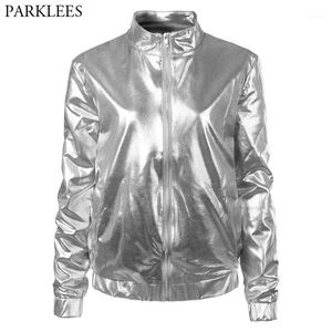 Zilver Metallic Coated Bomber Jacket Dames Shiny Night Club Baseball Varsity Jacket Womens Rits voorkant Mandarijn Kraag Jassen1