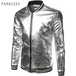 Argent Métallique Enduit Veste Hommes Printemps Bomber Vestes Hommes Casual Slim Fit Varsity Vestes Hip Hop Nigh Club Brillant Vestes LJ201013