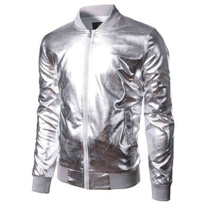 Zilver Metallic Coated Jacket Men Stage Dance Prom Halloween Kostuum Mode Rits Honkbal Varsity Jacket Veste Homme 210522