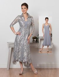 Zilveren moeder van de bruidegom jurken v-hals pak met lange jas 2018 vintage 2 stuks thee lengte Kurti vestido de festa madrinha