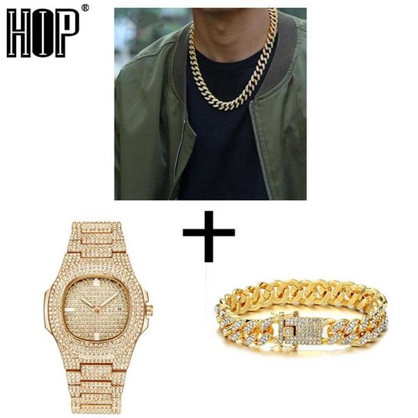 Collier en argent Montre Bracelet Hip Hop Miami Gourmette Chaîne Cubaine Or Complet Glacé Pavé Strass CZ Bling Pour Hommes Jewelry289P