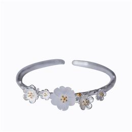 Silver New Handmade Ettnic 925 Sterling Sier Blooming Flower Bangle for Women Amantes Regalos Joyas finas Declaraci￳n de brazaletes Dhqud