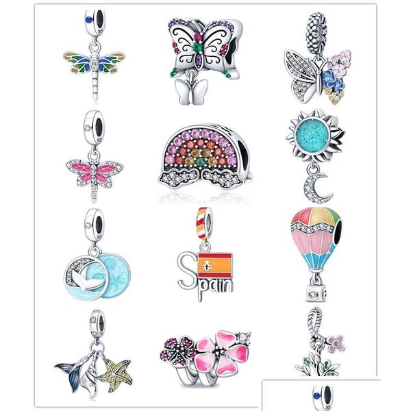 Plata Nuevo S925 Sterling Sier Beaded Loose Beads Original Fit Pandora Pulsera Charm Flower Butterfly Dragonfly Moda Chica Colgante Dhebx